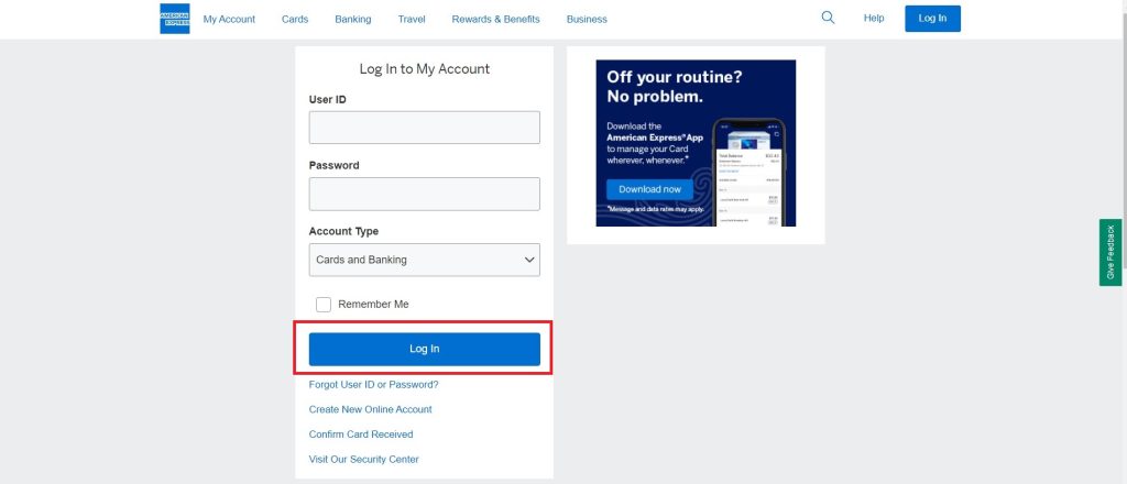  log in the  American  express account